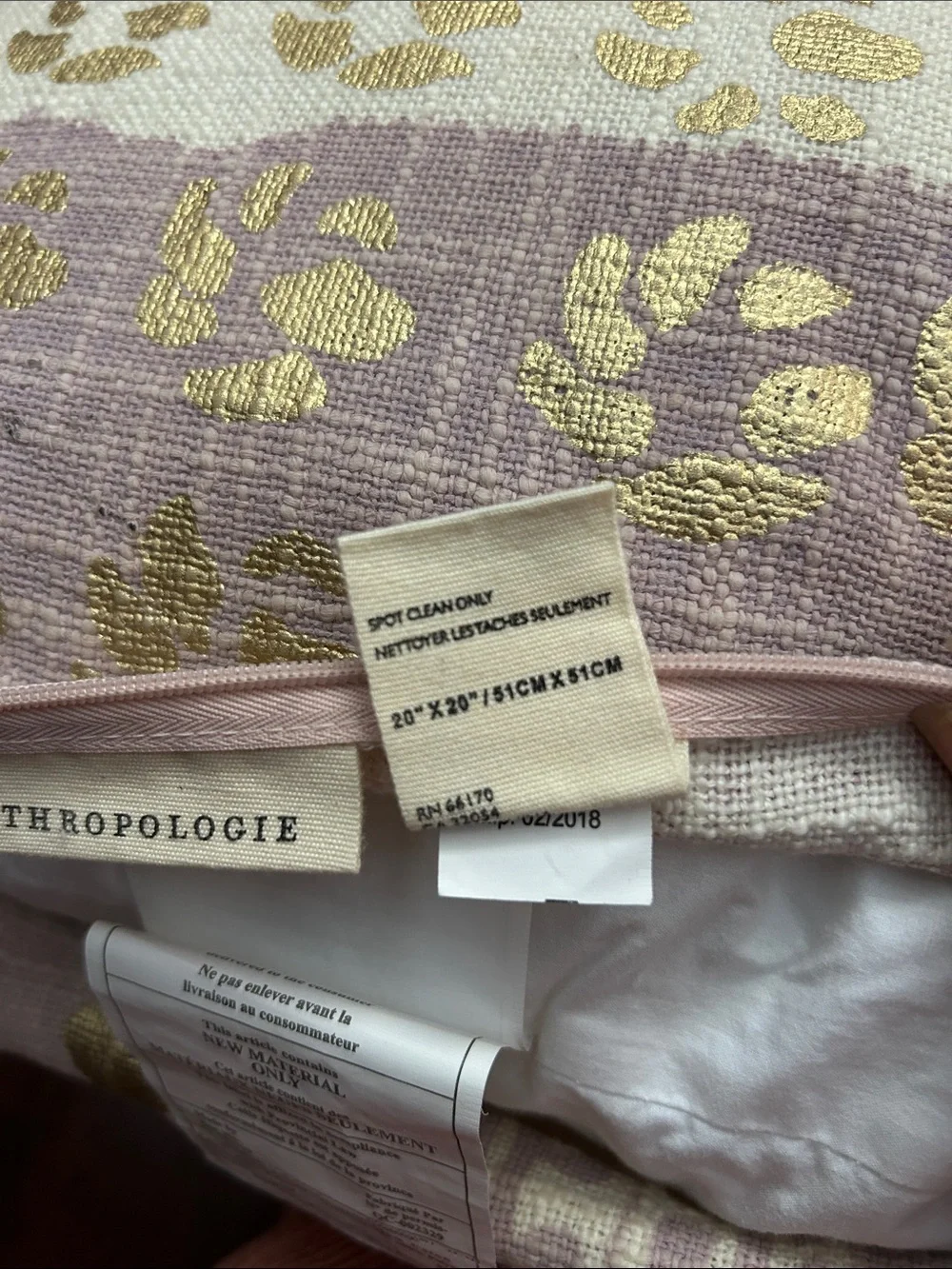 Anthropologie Large Boho Metallic Gold and Lavender Tasseled Pillow, 20”x20”